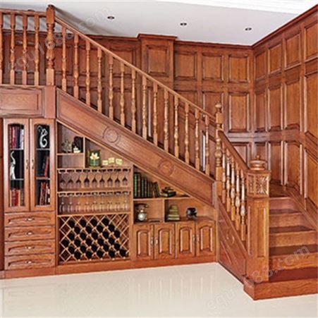 纯木雕花楼梯 别墅木质楼梯