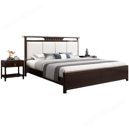 实木床 1.8米双人主卧婚床 轻奢1.5米单人床头柜 储物高箱新中式床木质卧室家具