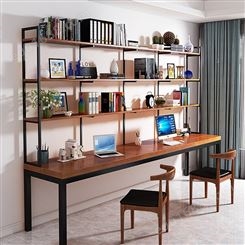 北欧双人书桌电脑台式桌 铁艺实木书桌书架组合定制 家用卧室一体办公桌批发