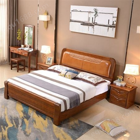 吉林胡桃木实木床 1.8米双人床现代简约主卧价格 婚床小户型1.5米高箱储物床直销