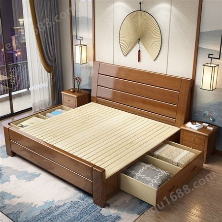 新中式实木大床1.5米1.8米设计 现代简约单双人橡胶木床家具厂家批发