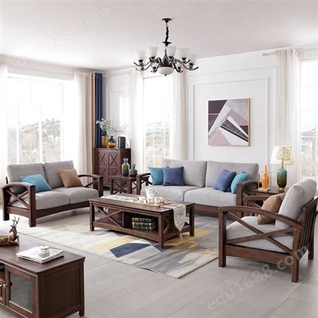 浙江现代美式沙发 橡胶木框架可拆洗棉麻木沙发茶几组合客厅家具批发