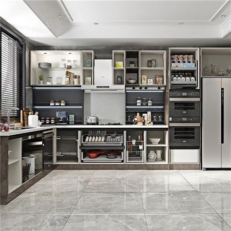 雅赫软装 整体开放式厨房橱柜 样式可定制 实木颗粒板结实耐用